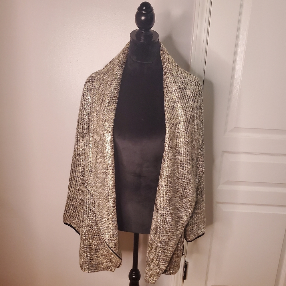 Stella & Dot Rebel Metallic Zip Open Front Vegan Leather Sleeve Moto Jacket
